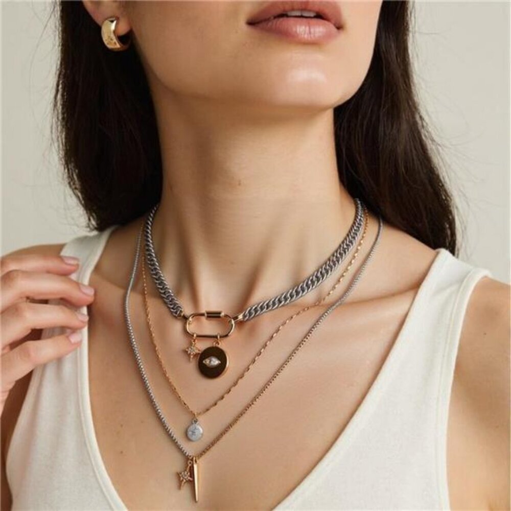 Statement Two Tone Layered Necklace Gold Silver 3 Pcs Multi Layered Necklace